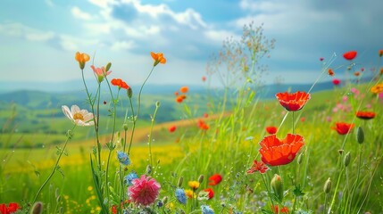   A hillside covered in lush green grass, topped with a multitude of flowers beneath a blue, cloud-specked sky