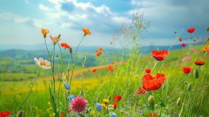 Naklejka premium A hillside covered in lush green grass, topped with a multitude of flowers beneath a blue, cloud-specked sky