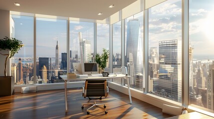An architecta??s dream office space in high definition, with a corner window design that wraps around the room, providing expansive cityscape views. 