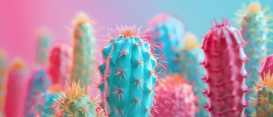 Vibrant cactus collection bathed in soft, pastel light, showcasing a variety of shapes and textures.