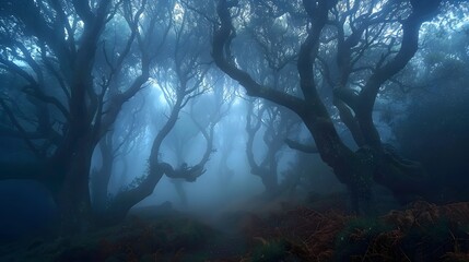 An eerie, mist-filled forest at dawn, with towering, gnarled trees shrouded in fog, and the first rays of sun struggling to penetrate the thick canopy