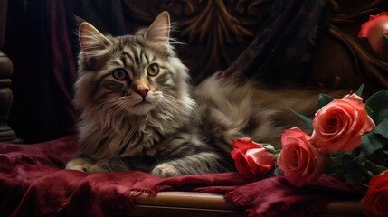 A cute cat is sitting next to the flowers. Valentine's Day greeting card.