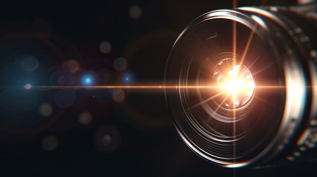 Camera lens with a radiant light flare against a dark background, symbolizing creativity and photography concepts