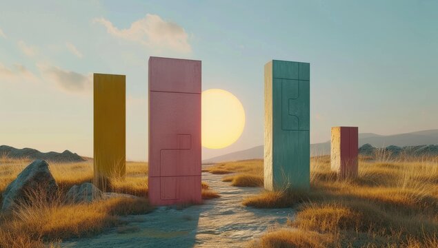 Colorful monoliths in a serene landscape with a setting sun and flowing river amidst grassy fields.