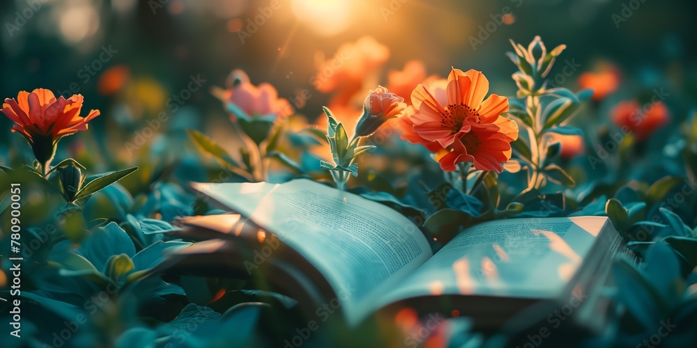 Poster a book is open to a page with a bunch of flowers on it