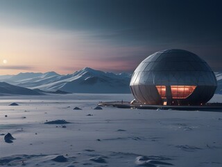 Fototapeta na wymiar A high-tech research facility on the icy plains of a distant planet, generative AI
