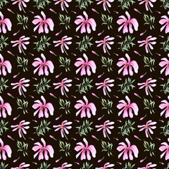 Abstract pink flowers and greenery. Seamless pattern of spring plants. Green leaves and magnolia flowers. Watercolor illustration isolated on black background. For textile, package