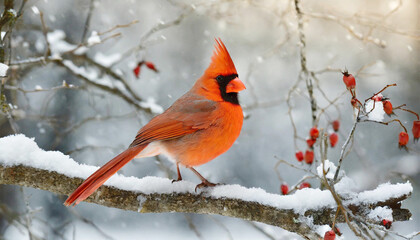 Red cardinal perching on tree branch in winter landscape.