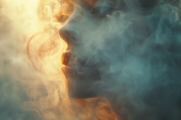 Female's face is obscured by smoke, creating a surreal and dreamlike atmosphere