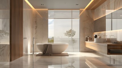 Fototapeta na wymiar An elegant bathroom design in high definition, featuring a large, frosted glass window next to a freestanding tub, offering natural light while ensuring privacy.