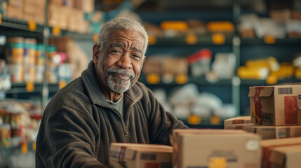 Fototapeta premium a cozy community center filled with bustling volunteers, a mature man with salt-and-pepper hair and a gentle demeanor arranges boxes of donated food and water, 
