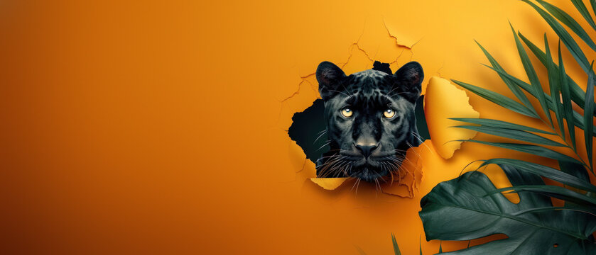 Artistic black panther themed image with a cat's head emerging from torn yellow paper among leaves