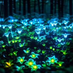Bioluminescent forest at night. Background for design, print, card (greeting card), banner, poster, flyer, advertising, wallpaper.