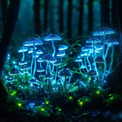 Bioluminescent forest at night. Background for design, print, card (greeting card), banner, poster, flyer, advertising, wallpaper.