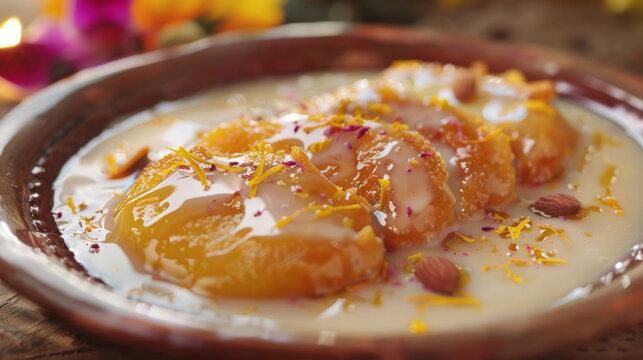 Delectable pakistani sweet dish garnished with nuts and rose petals