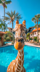 Obraz premium Whimsical Wildlife. Giraffe by the Pool