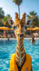 Obraz premium Whimsical Wildlife. Giraffe by the Pool
