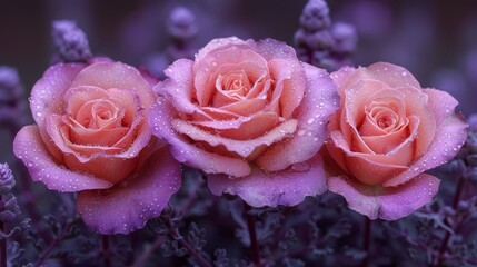   Three pink roses, each with water droplets, are centrally positioned among a cluster of purple flowers likewise adorned with water beads