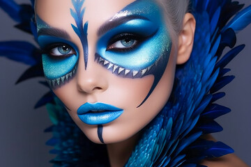 Dramatic Blue Eyeshadow Elegance.  Futuristic Glamour with Bold Blue. AI Generated