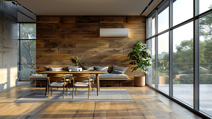 air conditioner on a wooden wall of dining room. 