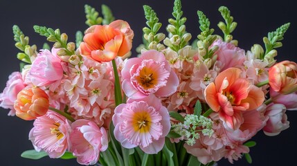   A vase holds several pink and orange blooms with green-stemmed flowers nearby
