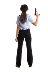 African-American female police officer with gun on white background