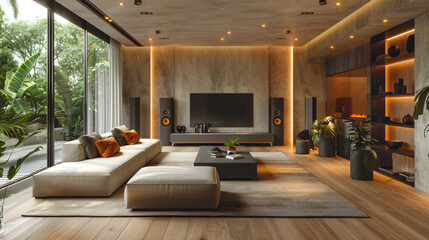 A modern living room with a large flat screen TV with a soundbar 