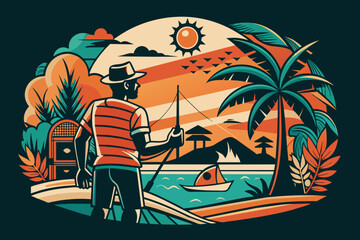 Charming Beach and Fishing MAN Retro Designs unique Souvenir &Touristy designs No clip art please, for t-shirts prints Creativity and an ability to combine old-school charm with modern design principl