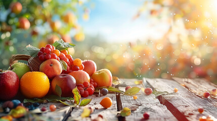 Harvest Abundance: Sun-Kissed Autumn Fruits and Berries on Rustic Wood with Bokeh Lights