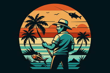 Naklejka premium Charming Beach and Fishing MAN Retro Designs unique Souvenir &Touristy designs No clip art please, for t-shirts prints Creativity and an ability to combine old-school charm with modern design principl
