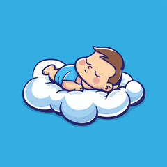 Obraz premium Cute little baby sleeping on fluffy cloud cartoon illustration flat vector design