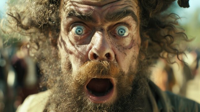 Shocked man with wide blue eyes, intense expression, disheveled.
