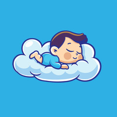 Obraz premium Cute little baby sleeping on fluffy cloud cartoon illustration flat vector design