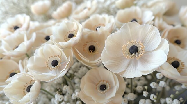   A vase filled with white flowers atop a bed of baby's breth