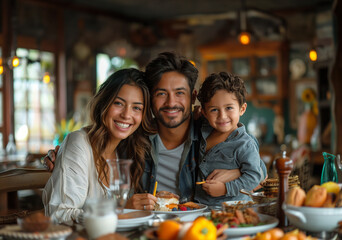 young hispanic family of three, father, mother and son having breakfast 