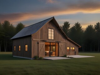 Fototapeta na wymiar A barn-style house with rustic wood siding, large sliding doors, and a lofted interior, generative AI