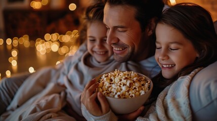 Naklejka premium Happy family cuddled up on a cozy couch, sharing a bowl of popcorn and watching a movie at night. Generative ai