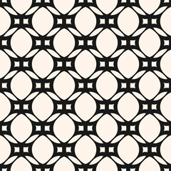 Vector monochrome geometric seamless pattern with rounded grid, net, mesh, lattice, circles, curved lines. Simple abstract black and white background. Geometric ornament texture. Repeated geo design