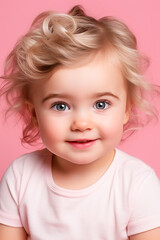 Naklejka premium Happy Little Girl Portrait. Joyful Child in a Pink World