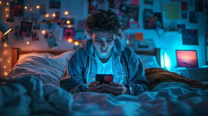 Very sad teenage boy looking at her smartphone. Teenager checking her smartphone at her bedroom. Teen scrolling through social media on her phone screen. Internet addiction in kids. Generative ai. - obrazy, fototapety, plakaty