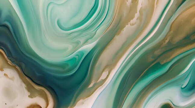 Acrylic Fluid Art Waves of paint in mint and blue colors slowly flow down Abstract marble background