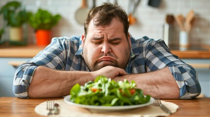 Fototapeta premium Unhappy fat man with a plate of green salad on table in kitchen is depressed during dieting. The concept of negative consequences of a strict diet. Generative ai