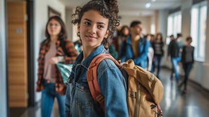 Obraz premium Different ethnicities university students moving at dorm, many luggage, bags near. Generative ai