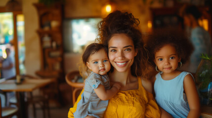 single latina mother with her two kids, multiracial family, concept of Mothers Day 