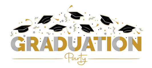 Graduation party greeting sign with square academic caps high into the air. Vector design for graduation, congratulation ceremony, invitation card, banner. Grads symbol for university, high school