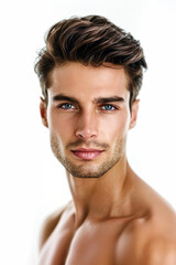 Fototapeta premium A handsome man with blue eyes. He is a beautiful young man. Spa banner, Generative AI