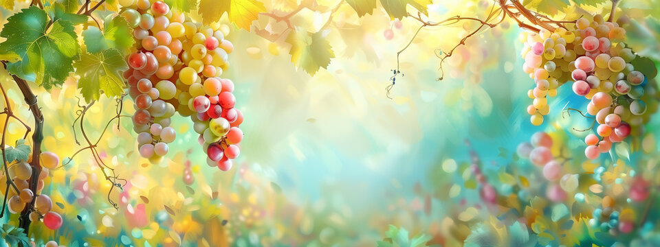 Enchanted Vineyard: Sunlit Grape Clusters Dangling in a Dreamy Pastel Landscape