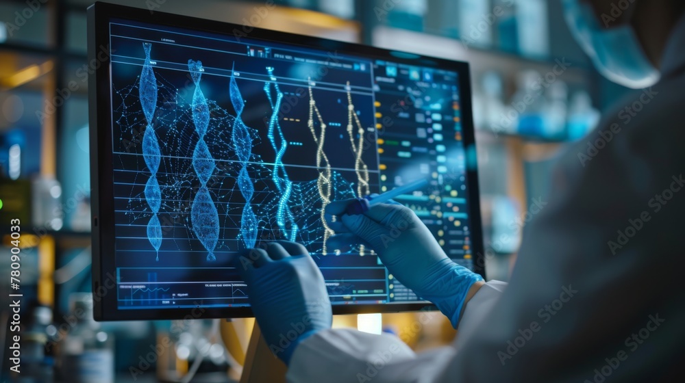 Poster scientist analyzing advanced data