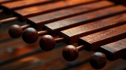 An ultra-realistic, high-definition image of a marimba with rich, mahogany bars, captured in a warm, softly lit studio. The mallets are positioned as if mid-performance