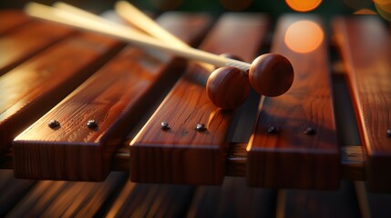 An ultra-realistic, high-definition image of a marimba with rich, mahogany bars, captured in a...